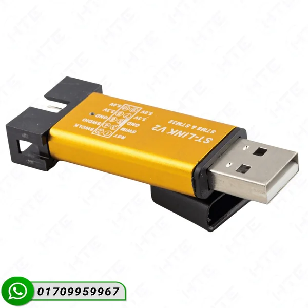 Front view of USB ST-Link V2 Programmer with aluminum case and pinout labels.