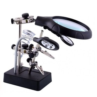 THIRD HAND SOLDERING STAND WITH MAGNIFIER MAGNIFYING GLASS 3 LENS 5 LED