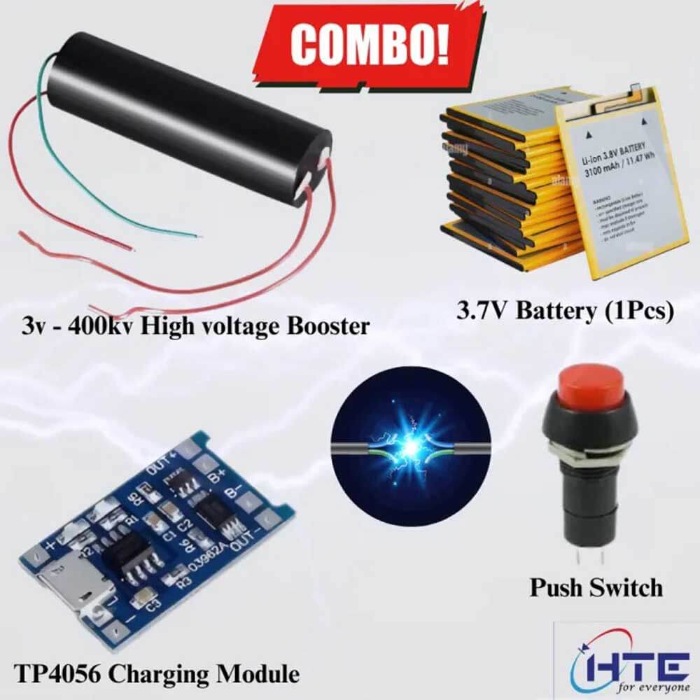 High Voltage Generator Combo Pack – 400KV Boost Module, Li-ion Battery, Charging Module, Push Switch for DIY Electronics Projects