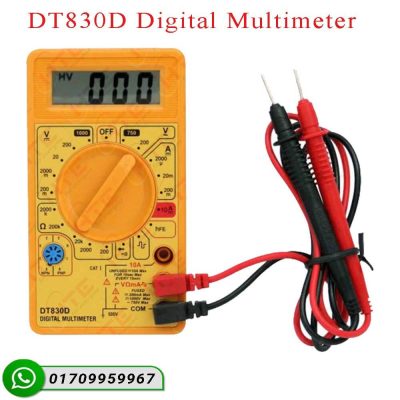 DT830D Digital Multimeter with probes, showing AC/DC voltage and current measurement functions