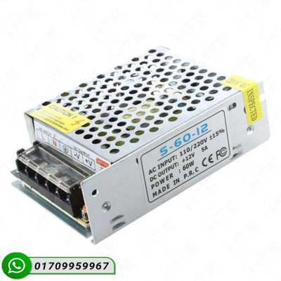12V 5A Switching Power Supply with metal casing for LED strip lights.