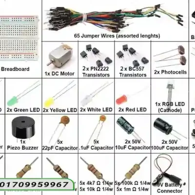 HTE Electronics DIY Kit Starter Set – Complete Electronics Kit with Breadboard, Jumper Wires, LEDs, Motor, Resistors & Capacitors