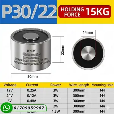12V Electromagnet 15kg Holding Force (P30/22)