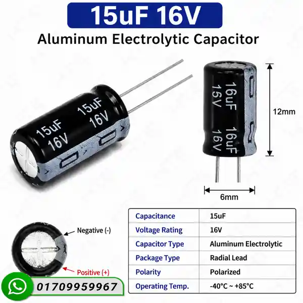 15uF 16V radial lead aluminum electrolytic capacitor 6mm x 12mm showing pin polarity diagram