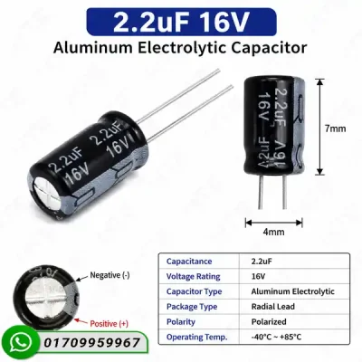 2.2uF 16V Aluminum Electrolytic Capacitor – Radial Lead (4x7mm)