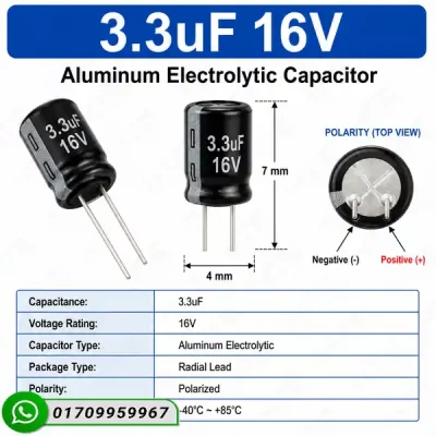 3.3uF 16V Radial Aluminum Electrolytic Capacitor – 4x7mm Polarized