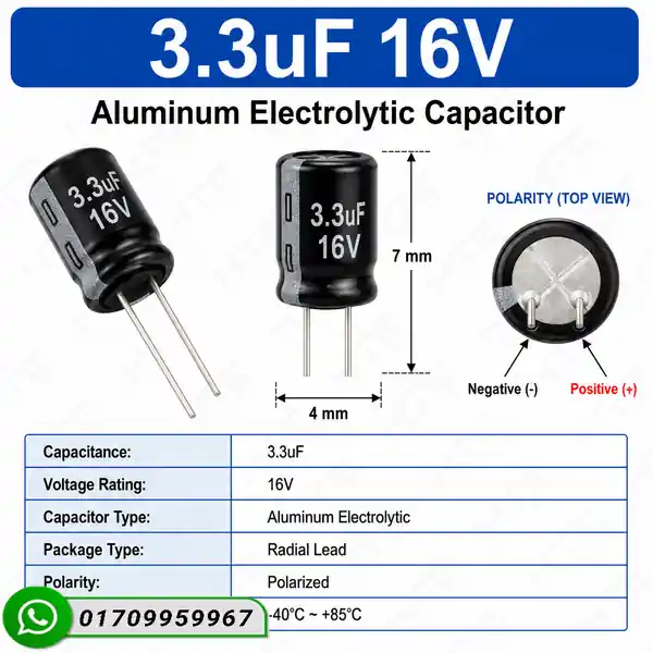 3.3uF 16V polarized radial aluminum electrolytic capacitor with dimensions 4mm x 7mm