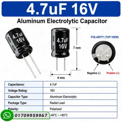 4.7uF 16V Aluminum Electrolytic Capacitor – Radial Lead, Polarized (4x7mm)