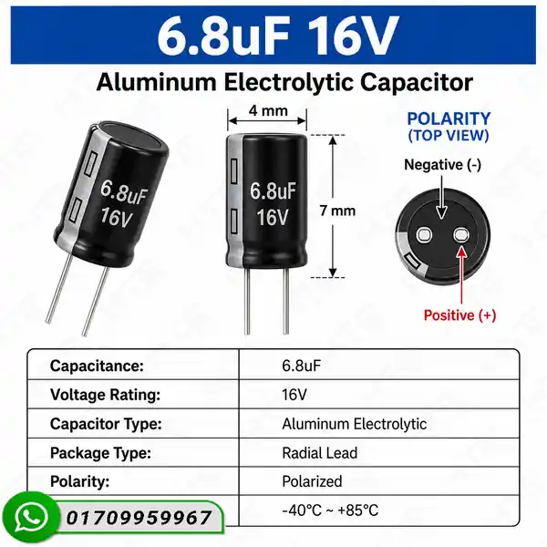 6.8uF 16V polarized radial aluminum electrolytic capacitor 4mm x 7mm pin spacing diagram