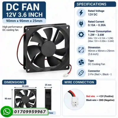 12V DC Cooling Fan 90mm x 90mm x 25mm (3.6 Inch) – High-Performance 2-Pin Brushless Exhaust Fan