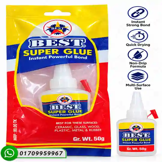BEST Super Glue 50g packaging and bottle with instant powerful bond formula for multi-surface repairs