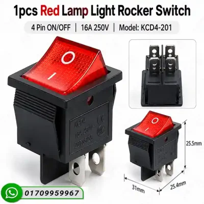 Red Lighted Rocker Switch 16A 250V - KCD4-201 4-Pin ON-OFF